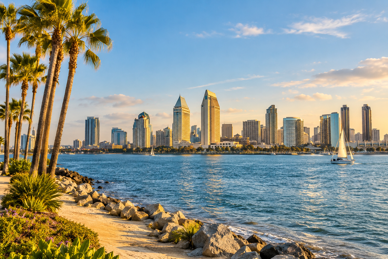 Golden-hour view of the San Diego waterfront and skyline
